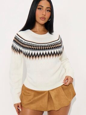 Fashion Nova Cream Fair Isle Yoke Crew Sweater with Black and Tan Pattern